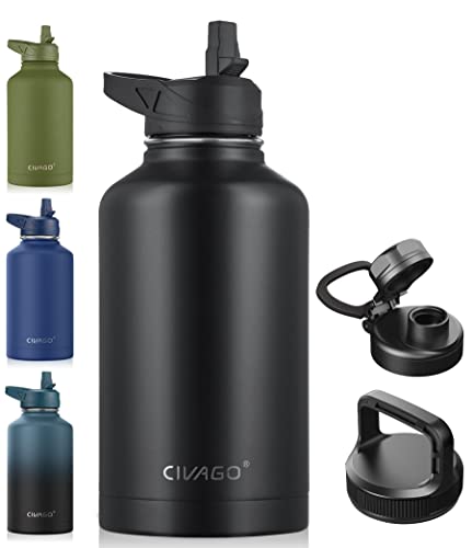 CIVAGO 64 oz Insulated Water Bottle With Straw, Half Gallon Stainless Steel Sports Water Flask Jug with 3 Lids (Straw, Spout and Handle Lid), Large Metal Thermo Cup Mug, Midnight Black