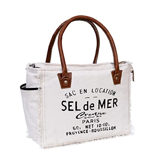 CLA Bags Sel De Mer Upcycled Canvas & Cowhide Hand/ Tote Bag Radiant Leather Crossbody (Off-White)