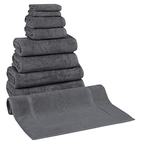 Classic Turkish Towels - Premium Cotton Quick-Dry 9 PC Bath Towel and Bath Mat Set - Soft, Lightweight, Bathroom Towels Made with 100% Turkish Cotton (Grey)