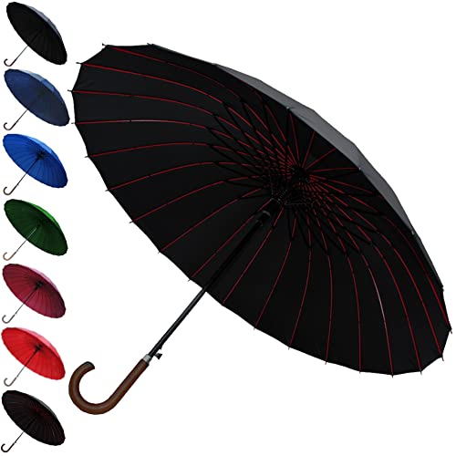 COLLAR AND CUFFS LONDON - 24 Ribs for SUPER-STRENGTH - Windproof 60MPH EXTRA STRONG Umbrella - 3 Layer Reinforced Red Frame With Fiberglass - Wooden Hook Handle - Solid Wood - Automatic - Black Canopy