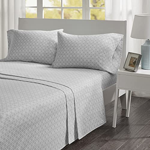 Comfort Spaces Cotton Flannel Breathable Warm Deep Pocket Sheets with Pillow Case Bedding, Queen, Grey Geo 4 Piece