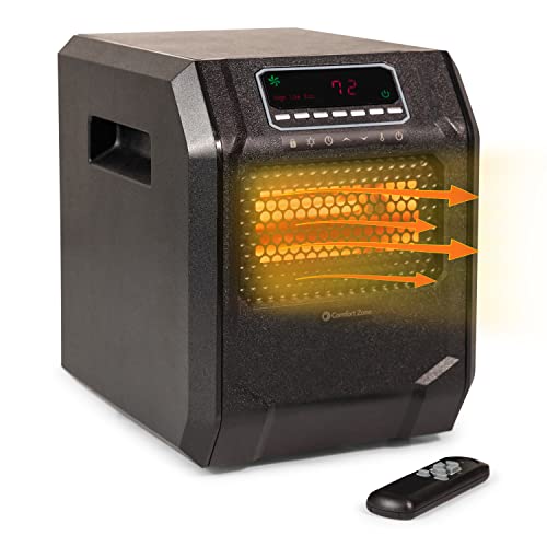 Comfort Zone CZ2018 750/1,500-Watt Digital Quartz Infrared Cabinet Space Heater with Remote Control, 12-Hour Timer, Digital Display, Overheat Protection, and Safety Tip-Over Switch, Black