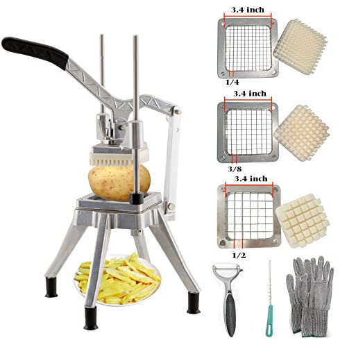 Commercial Vegetable Fruit Chopper, Professional Potato Slicer, Manual Veggie Chopper Cutter Machine, French Fry Cutter Kitchen,Stainless Steel Blades with 3 Replacement (1/4"+3/8"+1/2" Blades)