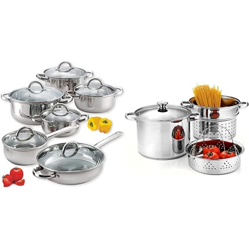Cook N Home 4-Piece 8 Quart Multipots, Stainless Steel Pasta Cooker Steamer & Basic Stainless steel Cookware Set, 12-Piece