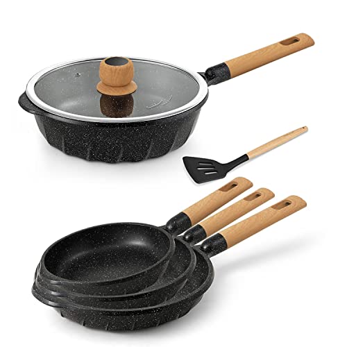 COOKLOVER Nonstick Frying Pan Induction Sauté Pan with Lid - 11inch -Black & 7.9inch & 10.2 inch &11 inch frying pan -Black