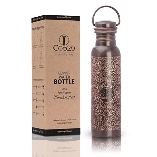 Cop29 Hand Engraved Premium Design Pure Copper Tulip Antique Water Bottle with Handle: Joint Free & Leak Proof, (900ml/30oz)