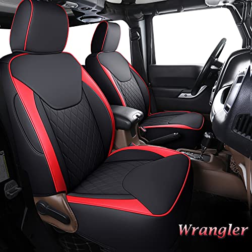 Coverado Jeep Wrangler Seat Covers Full Set, Waterproof Leather Car Seat Cover for Jeep Wrangler 4-Door Protect Seat Cushion Compatible with 2007-2017 Jeep Wrangler JK Unlimited 4-Door (Red)