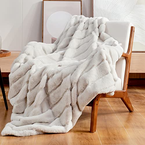 Cozy Bliss Luxury Super Soft Striped Faux Fur Throw Blanket for Couch, 60"x80" Beige, Warm Milky Plush Blanket for Sofa Bed Living Room Bedroom (Stripe-Beige)