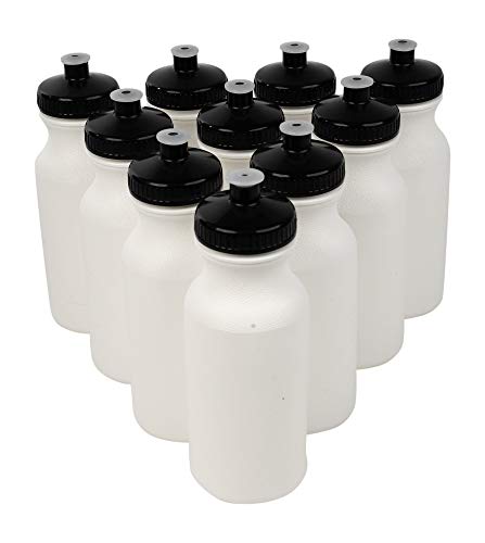 CSBD 20oz Sports Water Bottles, 10 Pack, Reusable No BPA Plastic, Pull Top Leakproof Drink Spout, Blank DIY Customization (White Bottle - Black Lid)