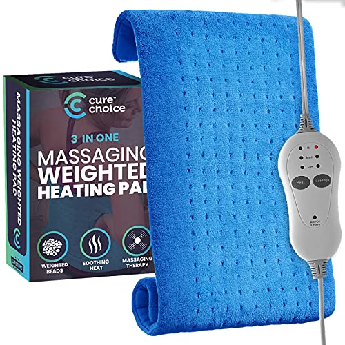 Cure Choice 3 in 1 Weighted Heating Pad for Back Pain Relief with Massager, 12"x24" Large Electric Heating Pads for Cramps, Ultra Soft Heat Pads for Pain Relief with 3 Heat & 3 Massage Settings (Blue)