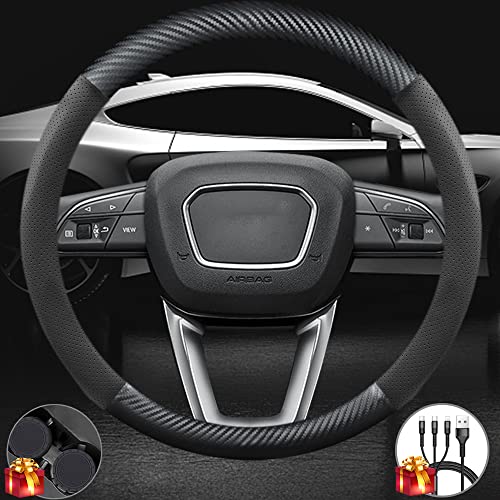 Customized Steering Wheel Cover Compatible with Ford, Nappa Premium Leather Carbon Fiber Texture Steering Wheel Cover, with 2 Coasters and USB Fast Charging Cable (Black)