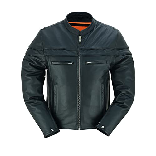 Daniel Smart Men Motorcycle Leather Jacket Mandarin Collar Biker Leather Jacket with Concealment Armory Pockets