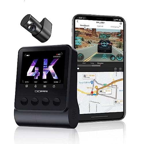 DDPAI 4K Dash Cam Front and Rear,2160P Front x 1080P Rear Dual Dash Camera for Cars,WiFi & GPS,Sony IMX415 Sensor,Super Night Vision,Dual Storage Design,24H Parking Mode,G-Sensor,Z50 4K Dual GPS