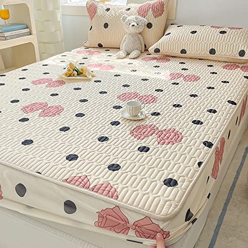 Deep Pocket Bed Sheet All Around Elastic Full,Cartoon Latex Ice Silk Fitted Sheet and Pillowcase, Summer Bedspread Mattress Protector Cover for Kids Bedroom Polka dots 150x200cm 3PCS
