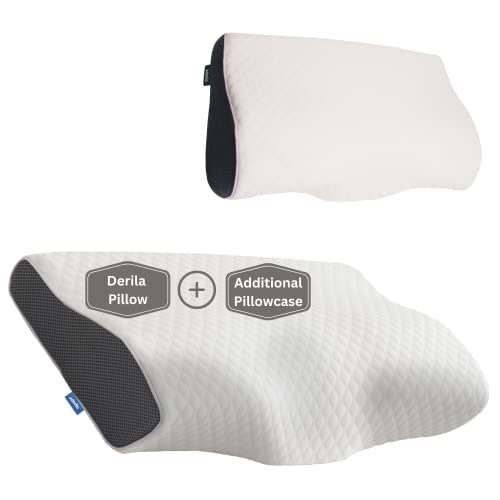 Derila Memory Foam Pillow & Additional Pillowcase | Optimal Temperature Control for Your Perfect Sleep. Neck Contoured Support Pillow Improves Sleep. Wake up Refreshed with Neck & Shoulder Pain Relief