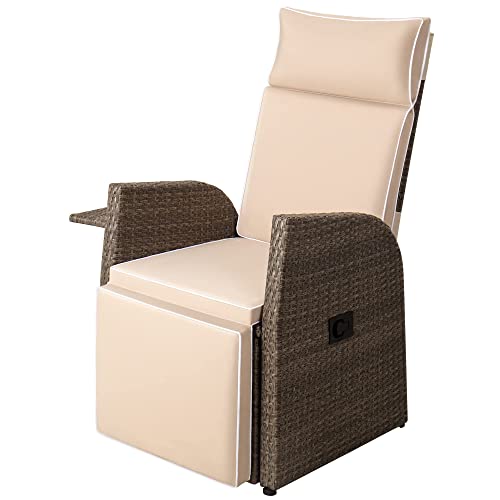 Devoko Patio Outdoor Recliner Chair, PE Wicker Reclining Lounge Chair Lawn Furniture with Flip-up Table, Beige