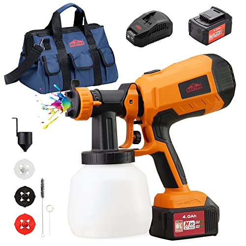 Dextra Cordless Paint Sprayers for Home Interior and Exterior, 20V Brushless Paint Sprayer with 4.0Ah Battery and Fast Charger, 1200ML Container,3 Nozzles,3 Patterns, Battery Paint Sprayer - Orange