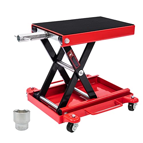 Donext 1100 LB Motorcycle Lift Center Scissor Lift Jack with Dolly Wide Flat Hoist Stand Bikes ATVs Garage Repair Stand with Caster Lock, Red