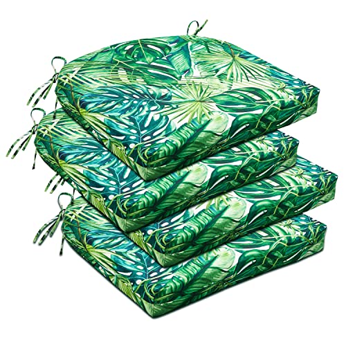 downluxe Outdoor Chair Cushions, Waterproof Round Corner Memory Foam Seat Cushions with Ties for Garden Patio Funiture, 17" x 16" x 2", Palm Leaves, 4 Pack