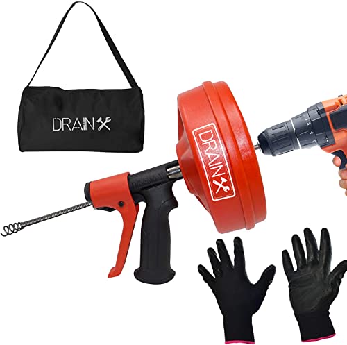 DrainX SPINFEED 25 Foot Drum Auger | Manual or Drill Powered Drain Snake - Auto Extend and Retract Snake | Work Gloves and Storage Bag Included