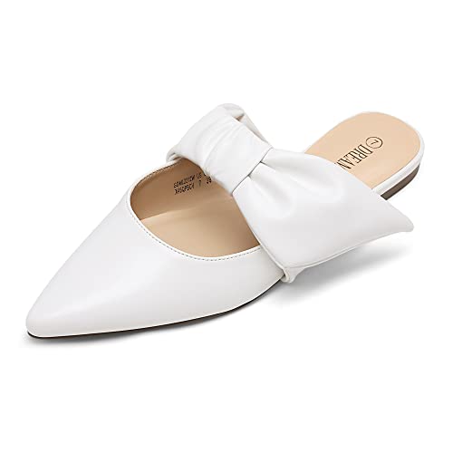 DREAM PAIRS Women?s Mules White Flats with Bow Comfortable Slip On Shoes Pointed Toe Slide Loafers Flats for Women?s Mules & Clogs SDML2212W Size 8