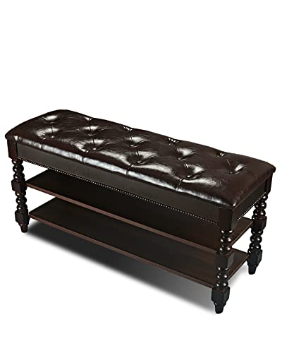 E EYOUPINO Storage Bench Vintage Solid Wood Shoe Bench 3 Tier Wooden Entryway Bench Shoe Rack with Leather Cushion Seating Brown