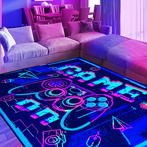 EISKBC Neon Gaming Area Rug, 3D Blacklight Game Controller Carpet, Non-Slip UV Reactive Fluorescent Floor Mat, Glow in The Dark Large Play Mat for Kids Game Room Playroom, 47x70inch
