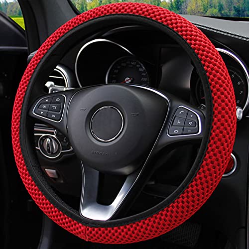 Elastic Stretch Steering Wheel Cover, Universal 15 Inch Automotive Steering Wheel Cover, Microfiber Breathable Ice Silk, Anti-Slip, Odorless, Easy Carry,Warm in Winter and Cool in Summer (Red1)