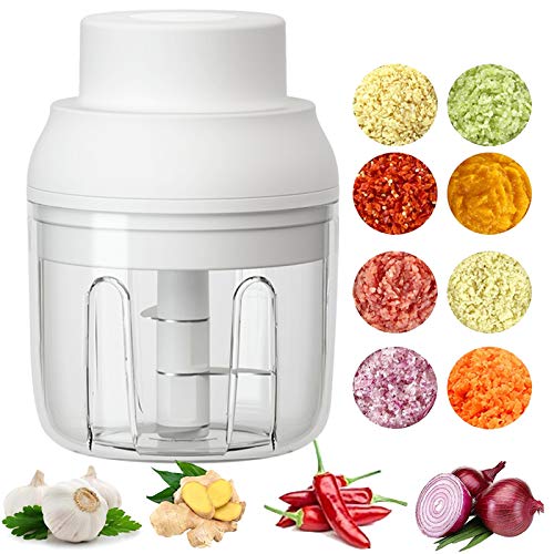 Electric Mini Food Chopper,250ML Portable Garlic Chopper with USB Charging Function, Mini Food Slicer for Onion Vegetables Chili Ginger Meat Nuts Fruits Salad (White)