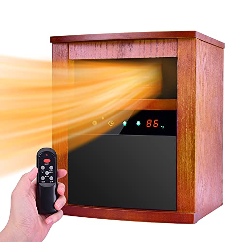 Electric Space Heater, 1500W Infrared Heater with 3 Heat Modes, Remote Control & Timer, Room Heater with Overheat & Tip-Over Shut Off Protection, Wood Cabinet Heater for Large Room, Low Noise, Brown