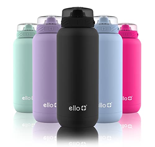 Ello Cooper Vacuum Insulated Stainless Steel Water Bottle with Soft Straw and Carry Loop, Double Walled, Leak Proof, Black, 32oz