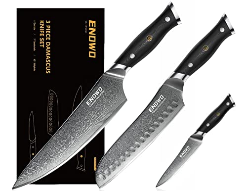 enowo Damascus Knife Set 3 PCS,Razor Sharp Kitchen Knives Made of Japanese Damascus Steel VG10, Well-Balanced Damascus Chef Knife set with Premium G10 Full Tang Handle Triple Rivet Gift Box…
