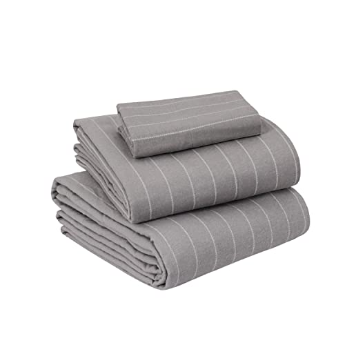 EnvioHome Flannel Sheet Set - 100% Cotton 170 GSM Premium Quality Fabric - Grey Pin Stripe, Twin