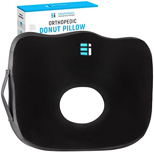 ERGONOMIC INNOVATIONS Orthopedic Donut Pillow: Memory Foam Chair Seat Cushion for Tailbone and Coccyx Pain, Sciatica, and Pressure Relief - Car, Desk, and Office Chair Pad Cushions and Pillows (Black)
