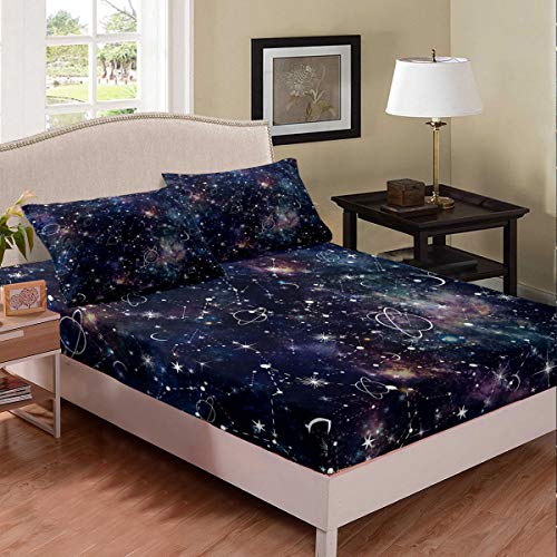 Erosebridal Starry Sky Bedding Set Constellation Sheet Set Galaxy Sun Moon Fitted Sheet Purple Universe Print Bed Cover for Kid Men Women (1 Fitted Sheet 1 Pillow Case),Twin Size