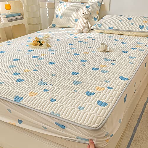 Fade Stain Resistant Deep Pocket Bed Sheet Queen,Cartoon Latex Ice Silk Fitted Sheet and Pillowcase, Summer Bedspread Mattress Protector Cover for Kids Bedroom Blue Heart 180x200cm 3PCS