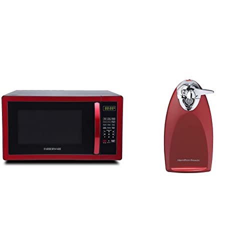 Farberware Classic FMO11AHTBKN 1.1 Cu. Ft. 1000-Watt Microwave Oven with LED Lighting, Metallic Red & Hamilton Beach Electric Automatic Can Opener with Auto Shutoff, Knife Sharpener, Extra-Tall, Red