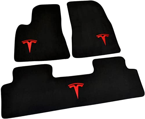 Fit for Tesla Model 3 Car Floor Mats Black Carpet Waterproof Non-Slip（Black with Red）