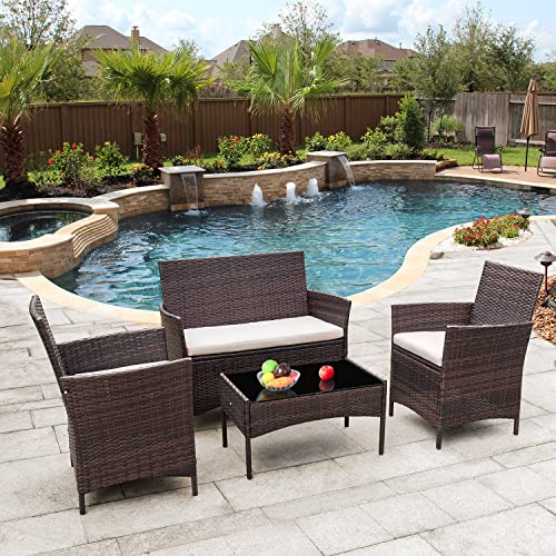 Flamaker Outdoor Furniture Patio Set Cushioned PE Wicker Rattan Chairs with Coffee Table 4 PCS for Garden Poolside Porch Backyard Lawn Balcony Use (Brown&Beige)