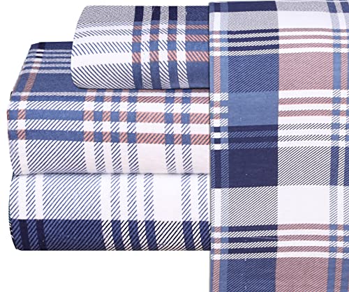 Flannel Sheets Full Size - 100% Cotton Brushed Flannel Bed Sheet Sets - Deep Pockets 16 Inches (fits up to 18") - All Seasons Breathable & Super Soft - Warm & Cozy - 4 Pcs - Blue & Brown Plaid