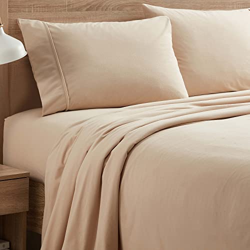 Flannel Sheets Warm and Cozy Deep Pocket Breathable All Season Bedding Set with Fitted, Flat and Pillowcases, Queen, Beige