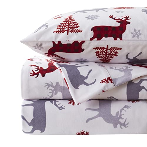 Flannel Sheets Warm and Cozy Deep Pocket Breathable All Season Bedding Set with Fitted, Flat and Pillowcases, Queen, Buffalo Deer