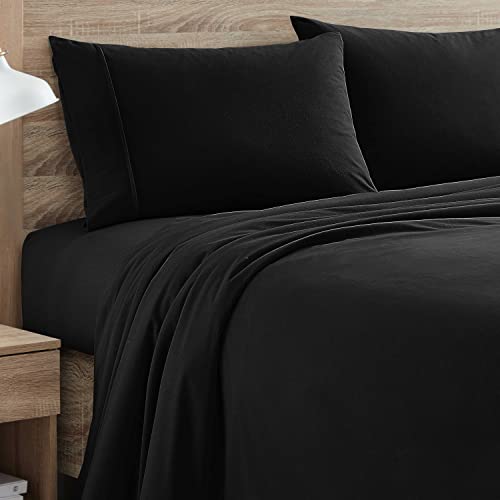 Flannel Sheets Warm and Cozy Deep Pocket Breathable All Season Bedding Set with Fitted, Flat and Pillowcases, Queen, Black