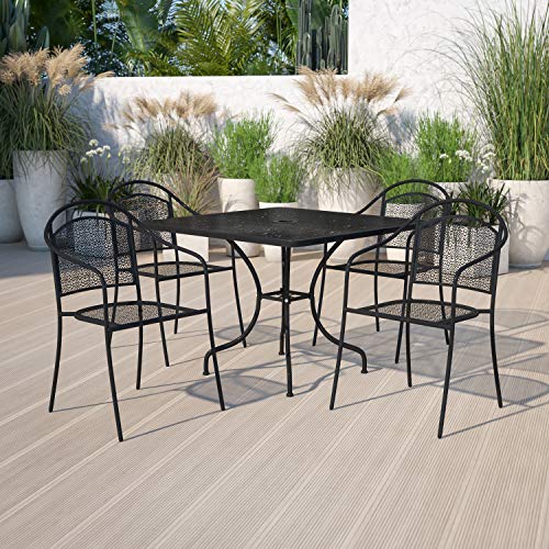 Flash Furniture Oia Commercial Grade 35.5" Square Black Indoor-Outdoor Steel Patio Table Set with 4 Round Back Chairs