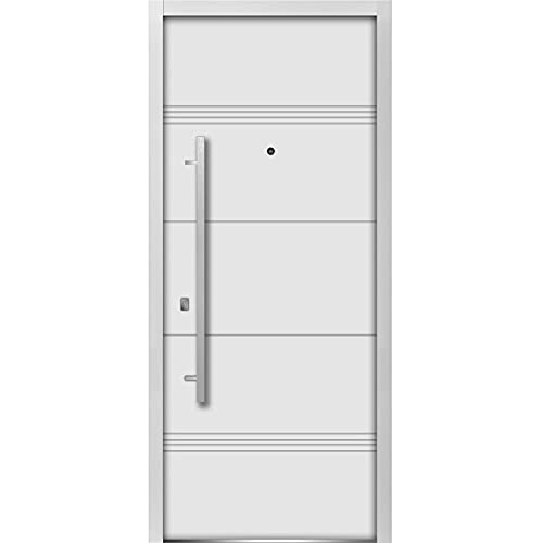 Front Exterior Prehung Steel Door 36 x 80 inches Right-Hand / Deux 1705 White Enamel / Horizontal Lines Single Modern Painted