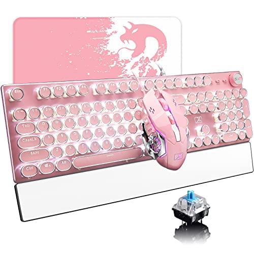 Gaming Keyboard and Mouse Combo Wrist Rest,Retro Punk Typewriter Mechanical Keyboard,Memory Foam Hand Rest,Gaming Mouse for Game and Office(Pink Blue Switch)