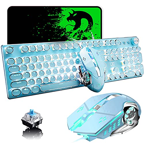 Gaming Keyboard and Mouse,Retro Steampunk Vintage Typewriter-Style Mechanical Keyboard with White LED Backlit,104-Key Anti-Ghosting Blue Switch Wired USB Metal Panel Round Keycaps(Blue)