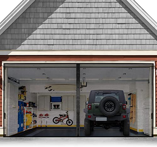 Garage Door Screen For 2 Car 16x7FT, Magnetic Screen Garage with Retractable Fiberglass Mesh and Heavy Duty Weighted Bottom, Easy Assembly & Pass, Hands Free Screen Door w/ 40 Magnets for Garage/Patio