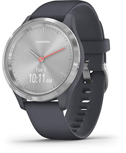 Garmin vivomove 3s, Smaller-sized Hybrid Smartwatch with Real Watch Hands and Hidden Touchscreen Display, Silver with Granite Blue Case and Band