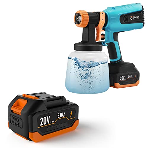 GoGonova Brushless Cordless HVLP Power Paint Sprayer, with 2 * 20V 3.0Ah Battery Pack Kit, 3 Nozzles, 3 Patterns, 1400ml Large Container Spray Gun with Cleaning&Blowing Functions